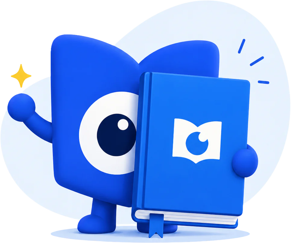 Two hands holding a blue book with an eye logo on the cover.