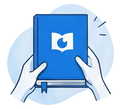 Two hands holding a blue book with an eye logo on the cover.