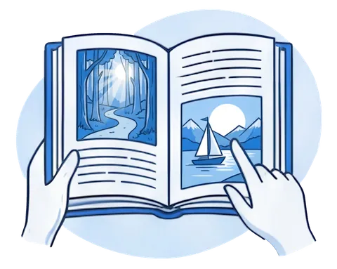 Hands turning the pages of an open book revealing illustrations of a forest path and a sailboat on a mountain lake.