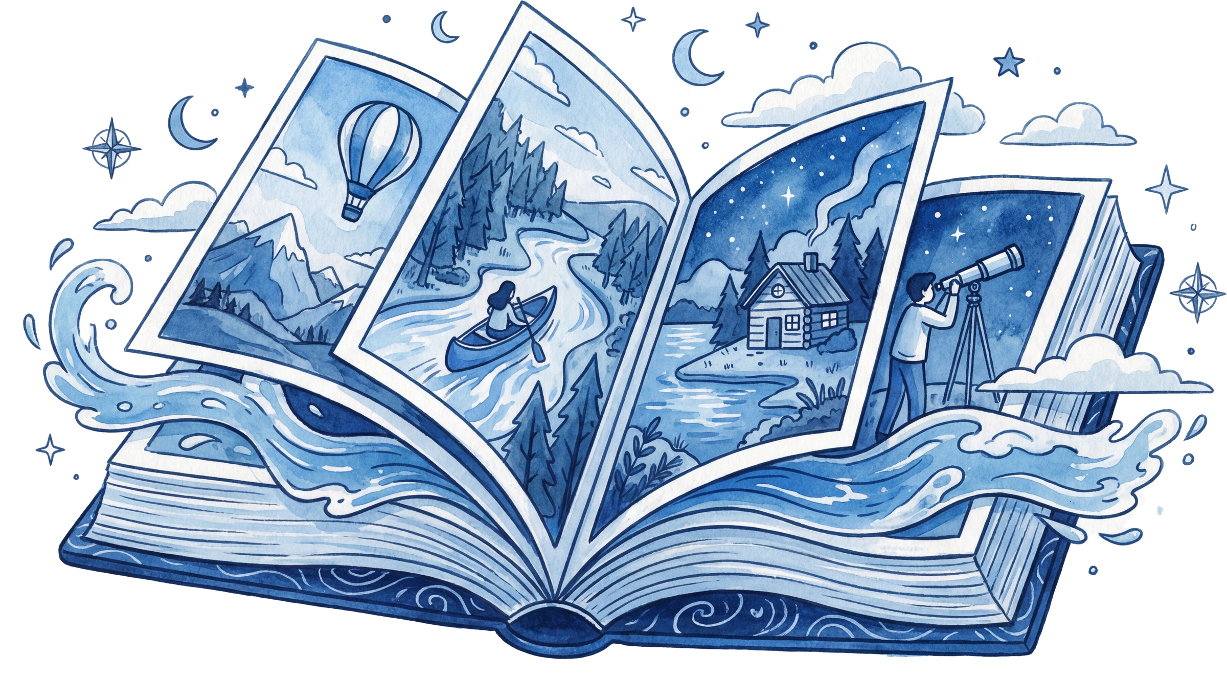 An open book with blue watercolor illustrations flowing out, showing a canoe on a river, a cabin by a lake, and a telescope under the stars.